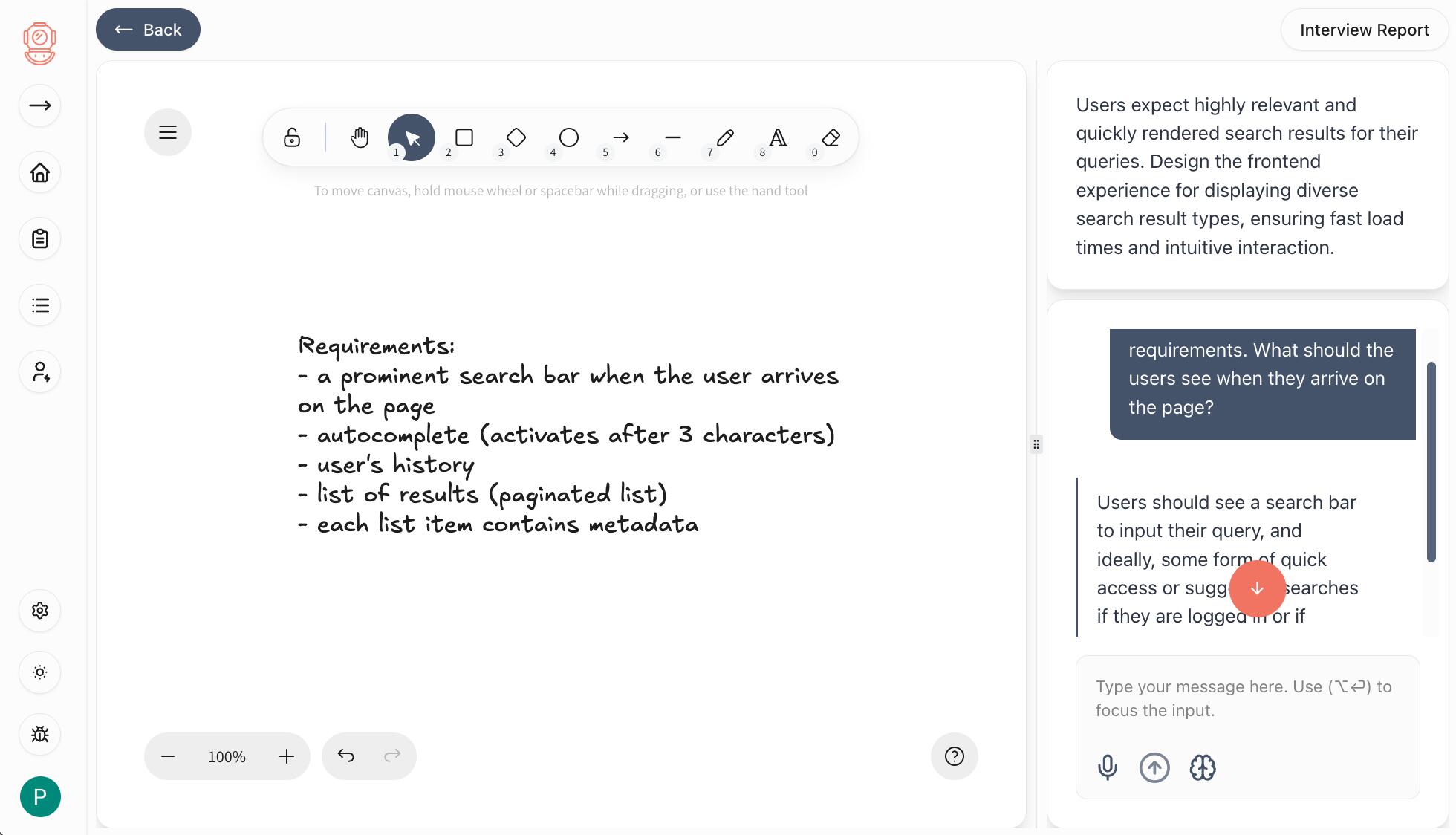 App screenshot of the interview page